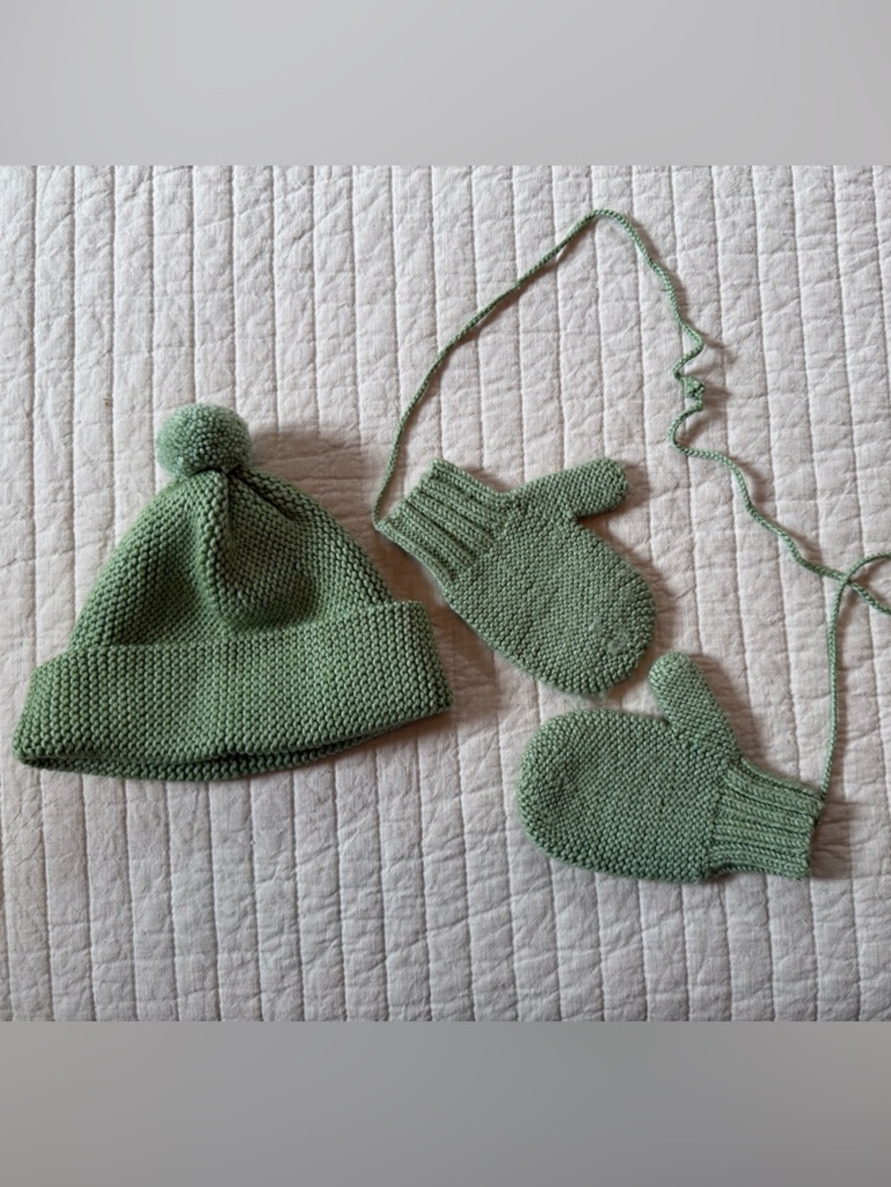 Misha And Puff Sage Green Knit Pom Hat with Matching Mittens
